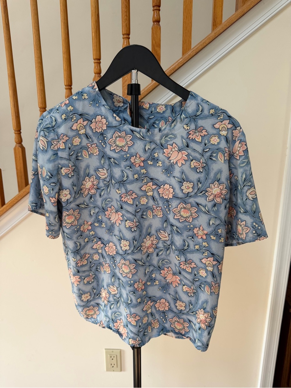 Women's Blue Floral Short Sleeve Blouse - Soft Feminine Top